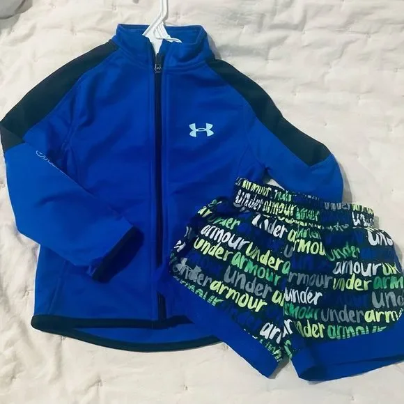 Kids Under Armour UA jacket logo shorts full zip easy pull in fall set BTS - Picture 2 of 5